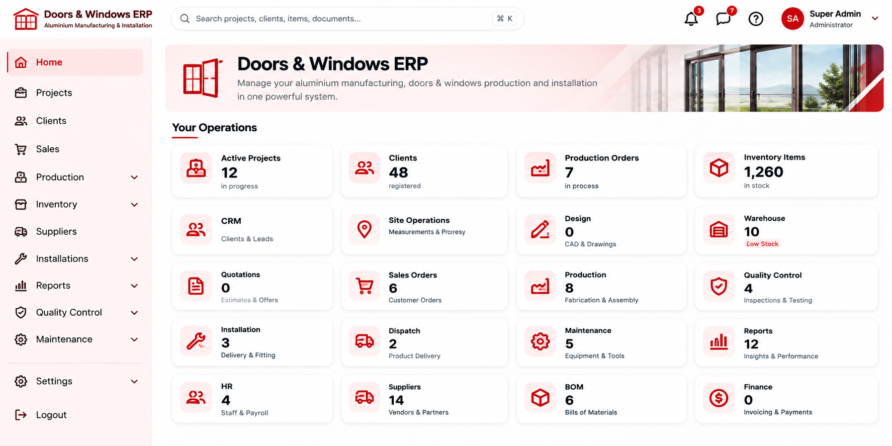 Doors and Windows ERP manufacturing operations dashboard