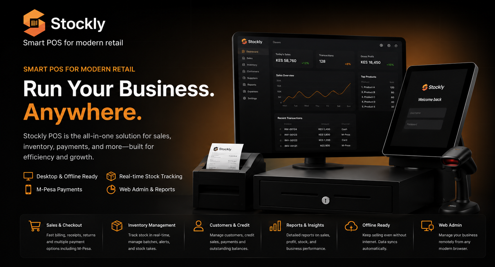 Stockly POS hardware and retail dashboard showcase